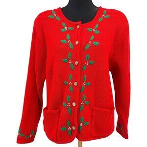 Tally Ho Womens Sweater Red Knit Embroidered Holly Christmas Cardigan Size Large